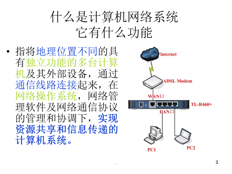 計(jì)算機(jī)網(wǎng)絡(luò)系統(tǒng)的組成、功能、分類及常見(jiàn)網(wǎng)絡(luò)設(shè)備認(rèn)識(shí)PPT精選文檔